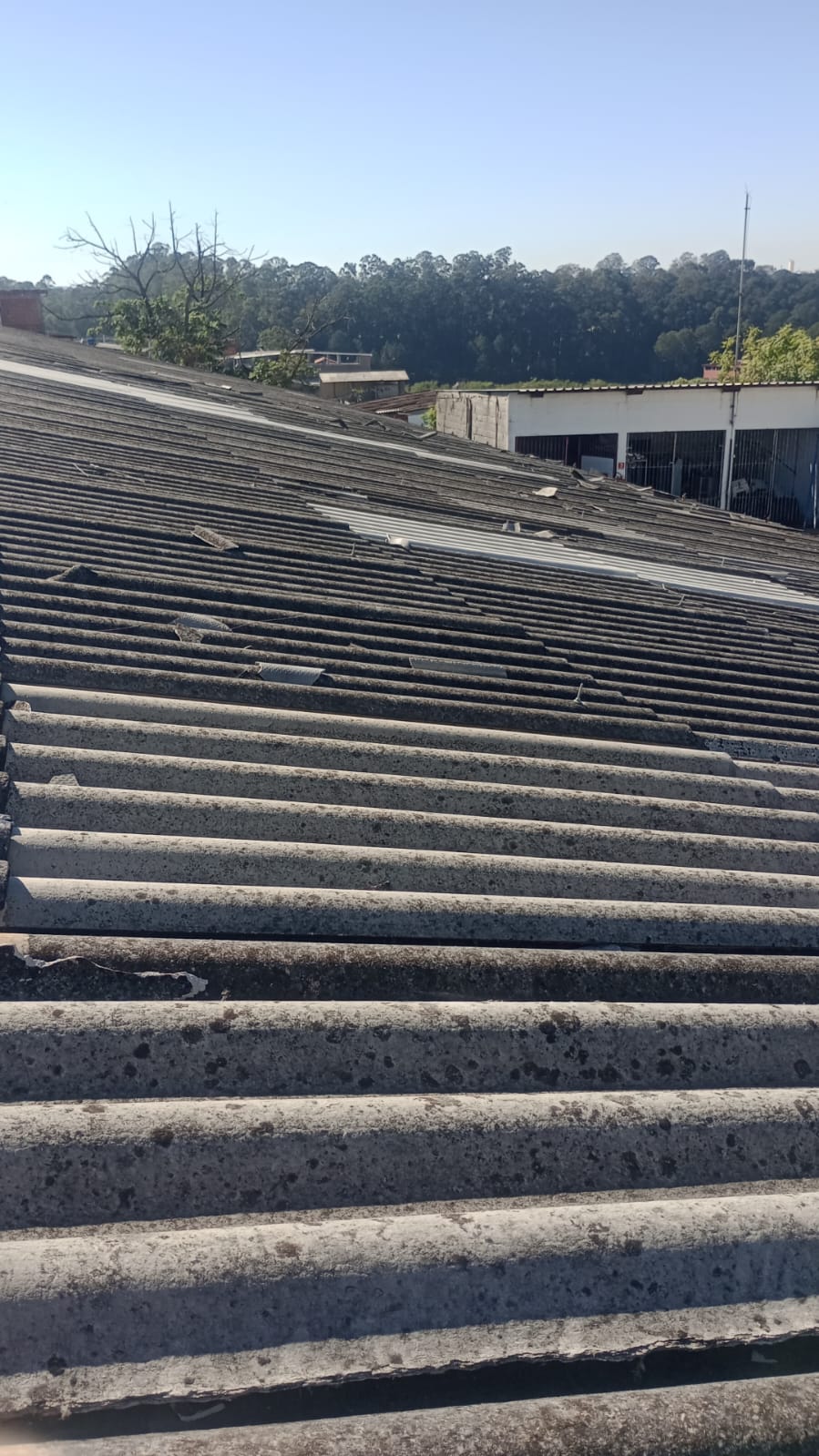 Telhado de fibrocimento sujo e com musgo, antes da limpeza